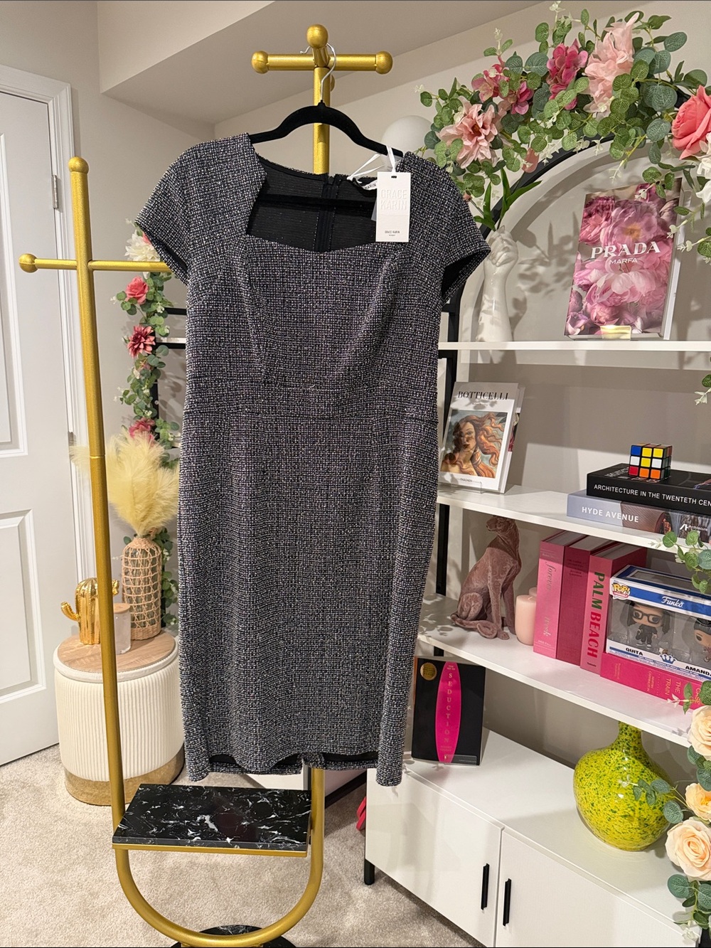 Grace Karin Gray Tweed Midi Sheath Dress
